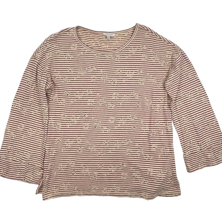 Lucky Brand Top Eyelet Striped Knit Ivory Red Sweet Boho Girly Soft Roll Cuff S